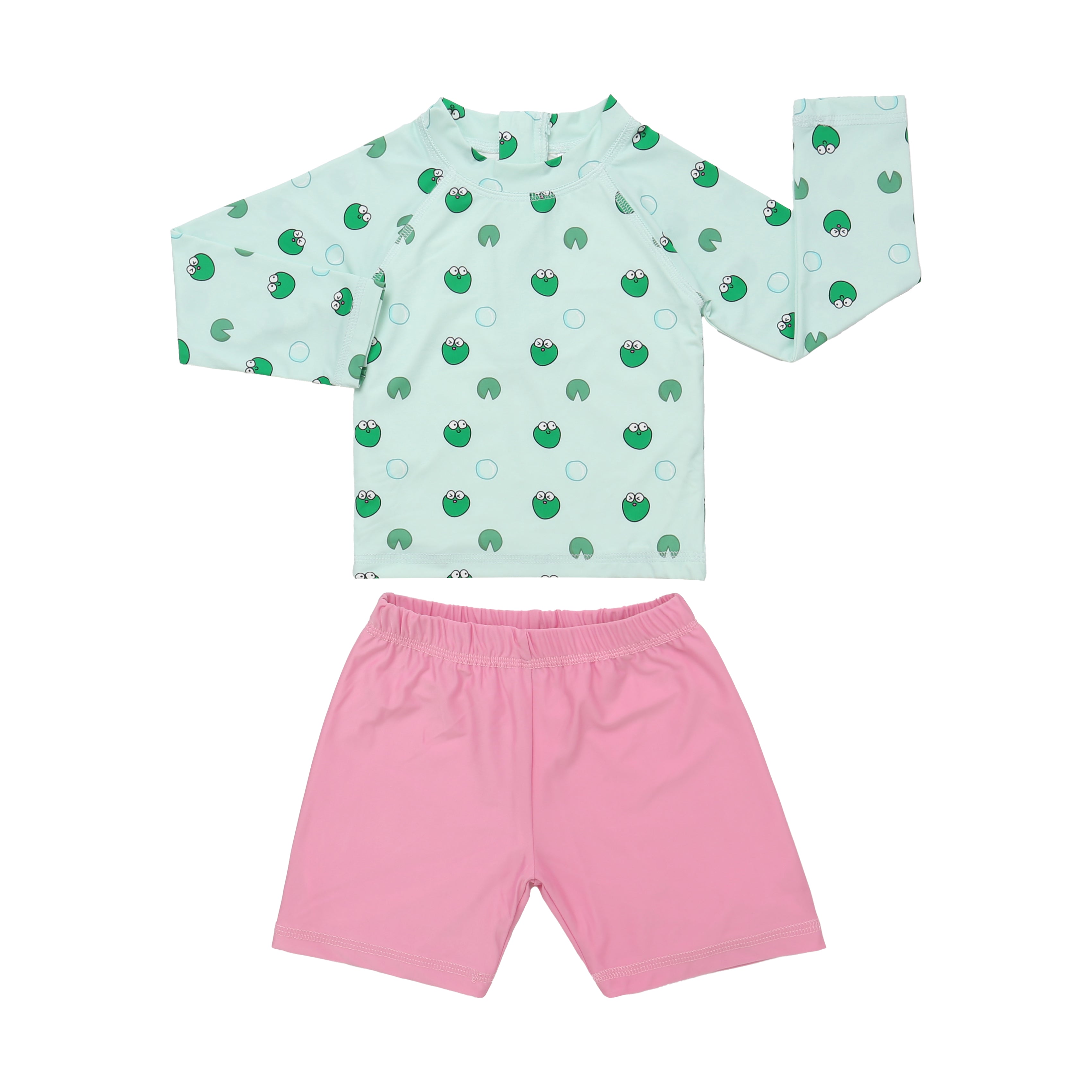 Girls Long Sleeve Swimsuit 004 Blue + Shorts Pink