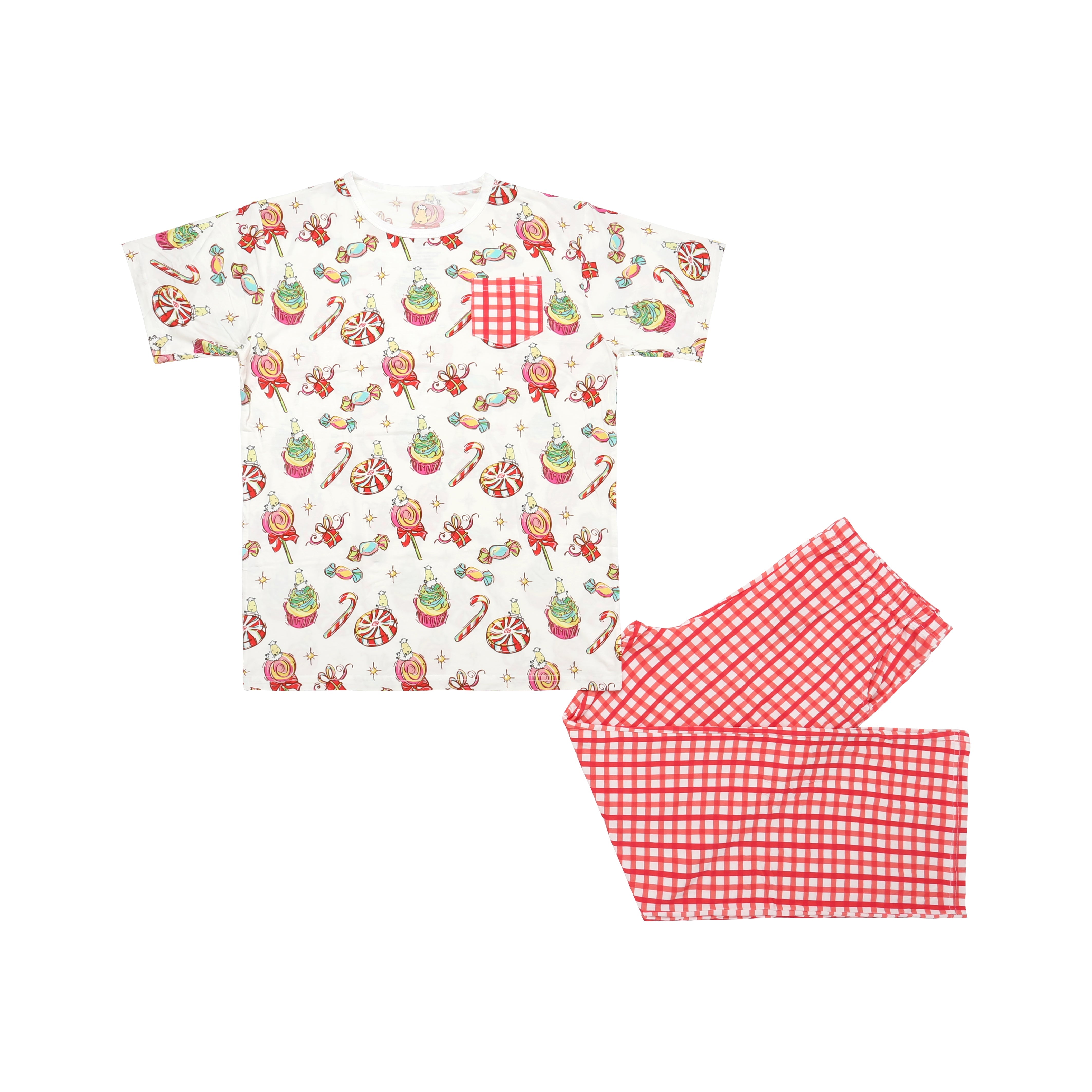 Short Sleeve Shirt Christmas 3 White + Long Pant Checkers Red