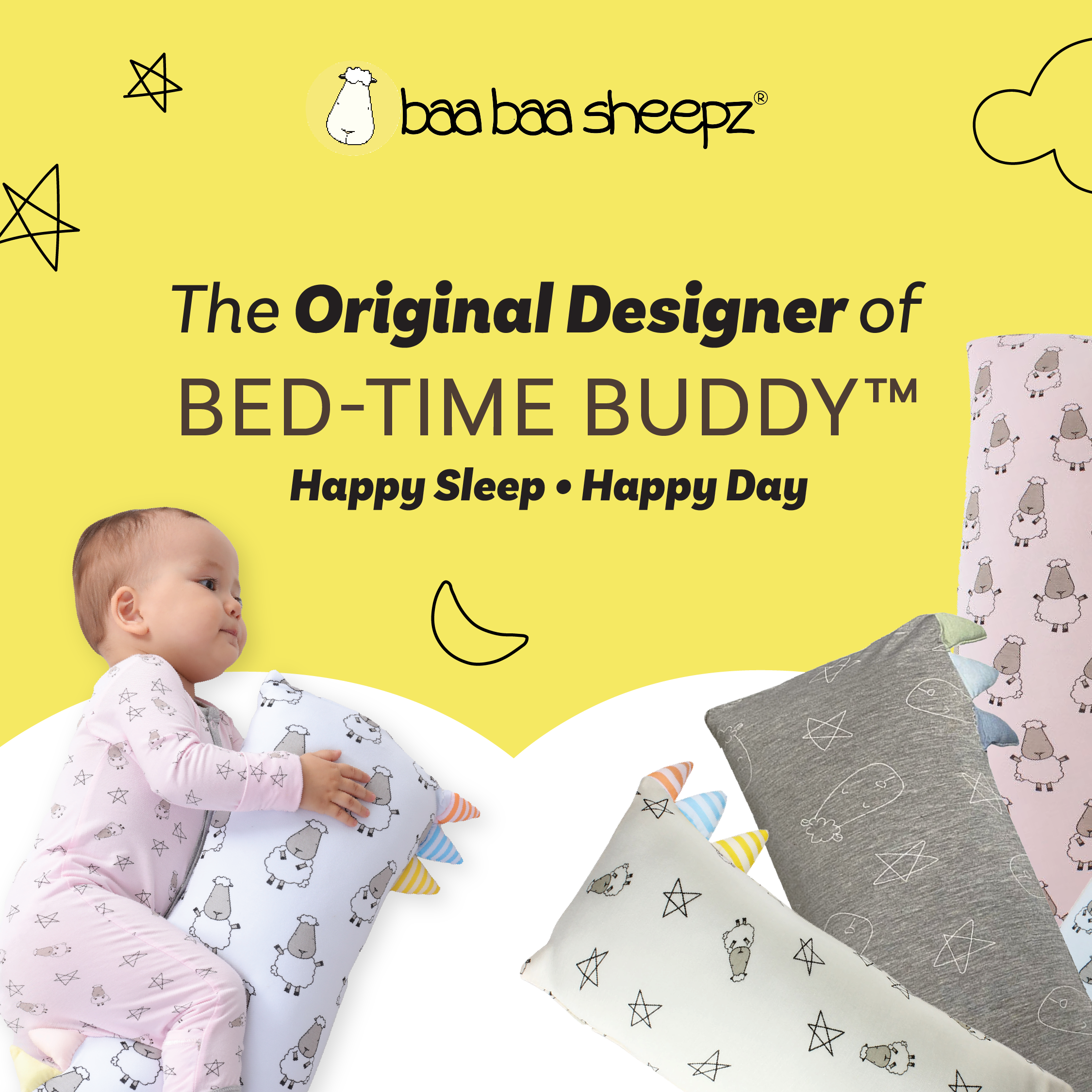 Bed-Time Buddy™ Small Sheepz White with Color & Stripe tag - Small (size 13x30cm)