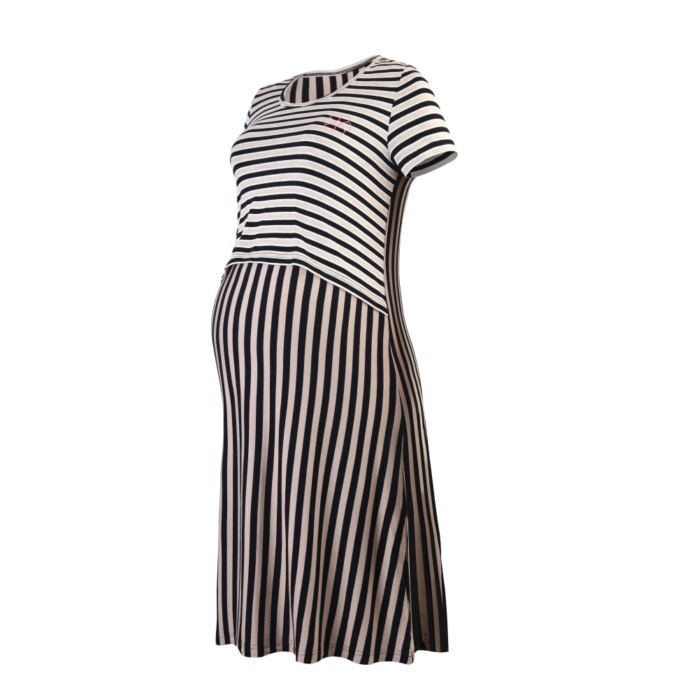 DooDooMooky Maternity & Nursing Dress Brown Striped Top with Brown Stripe Dress