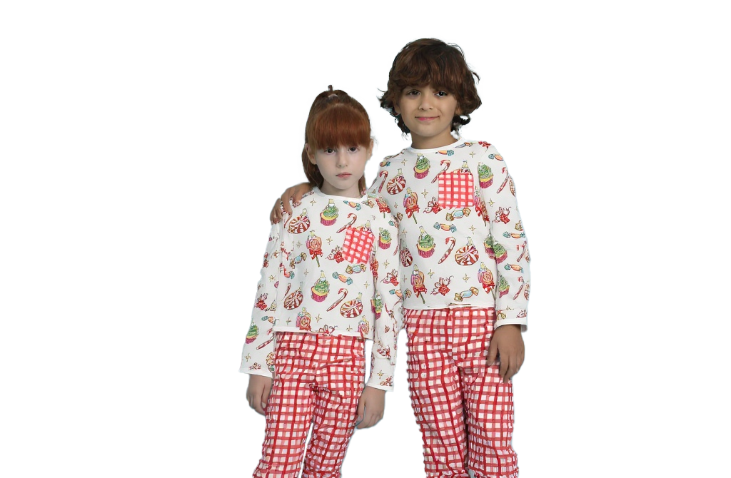 Pyjamas Set Christmas 3 White + Checkers Red