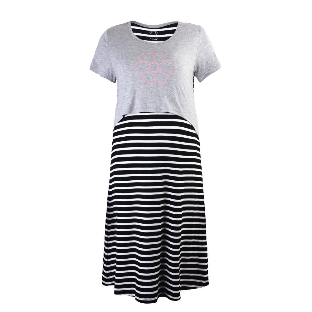 DooDooMooky Maternity & Nursing Dress Grey Top with Black Striped Dress