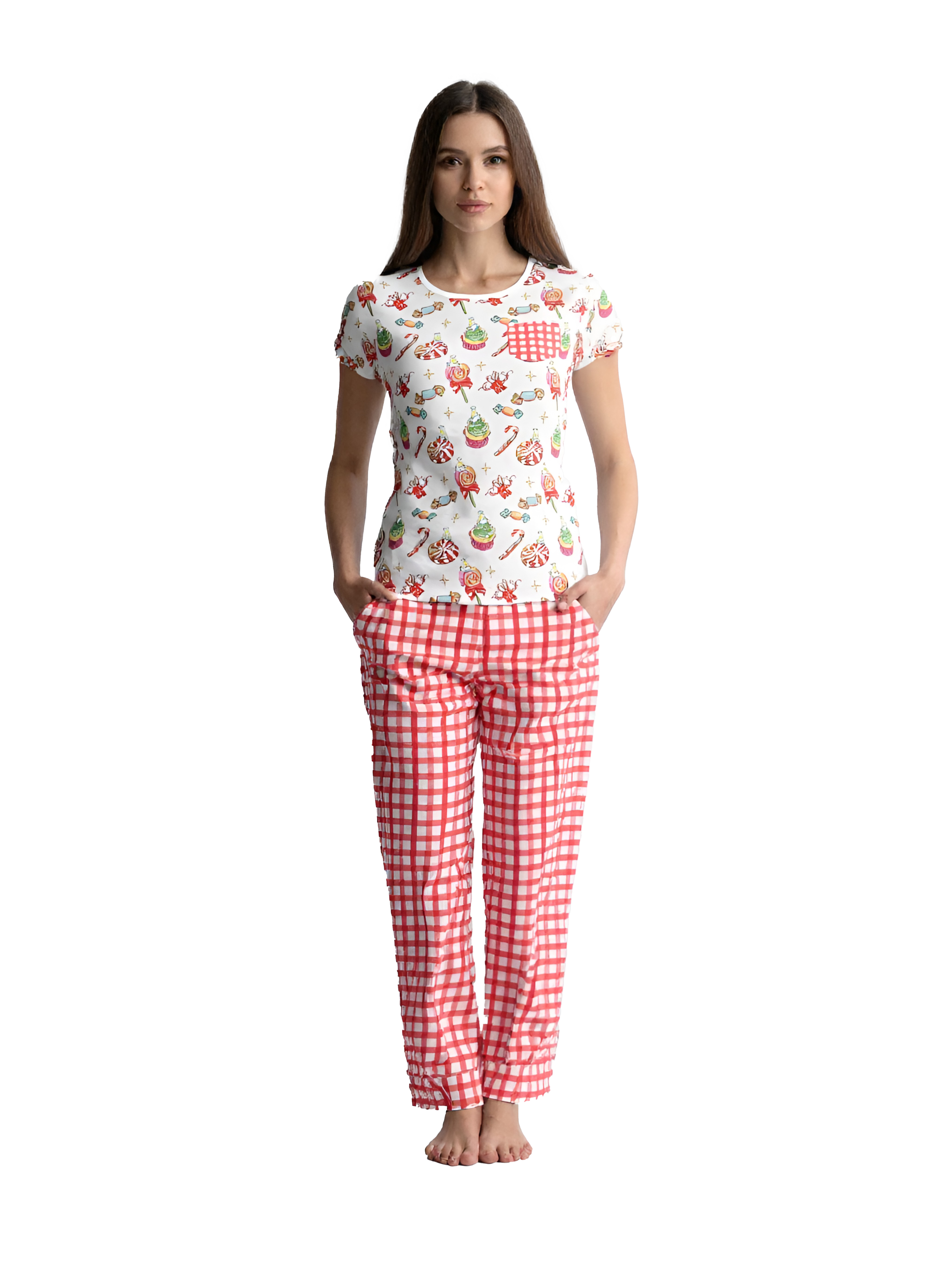Short Sleeve Shirt Christmas 3 White + Long Pant Checkers Red