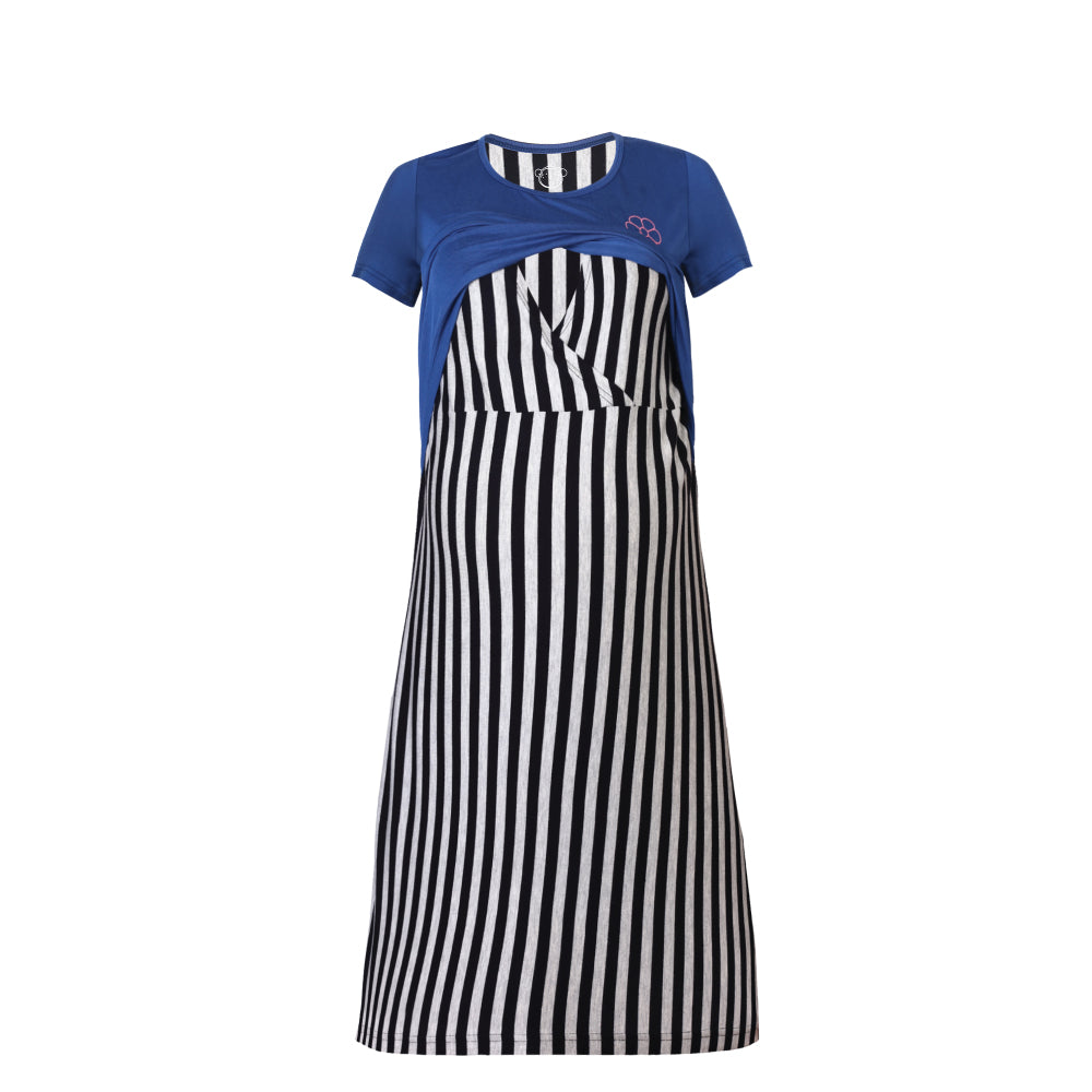 DooDooMooky Maternity & Nursing Dress Navy Top with Black Striped Dress