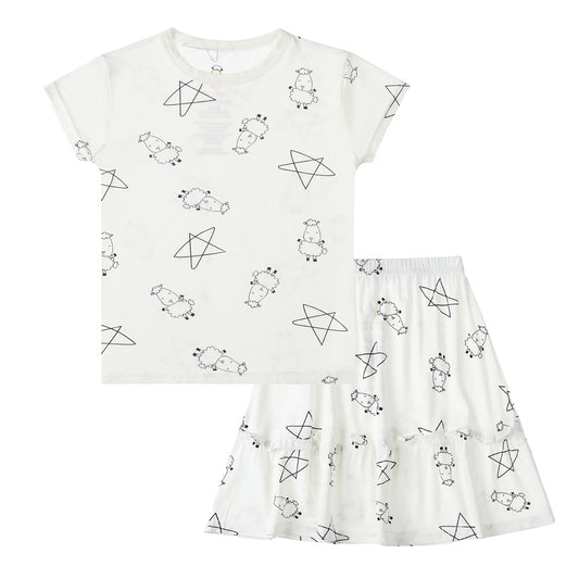 Short Sleeve Shirt Cute Big Star & Sheepz White + Skirt Cute Big Star & Sheepz White