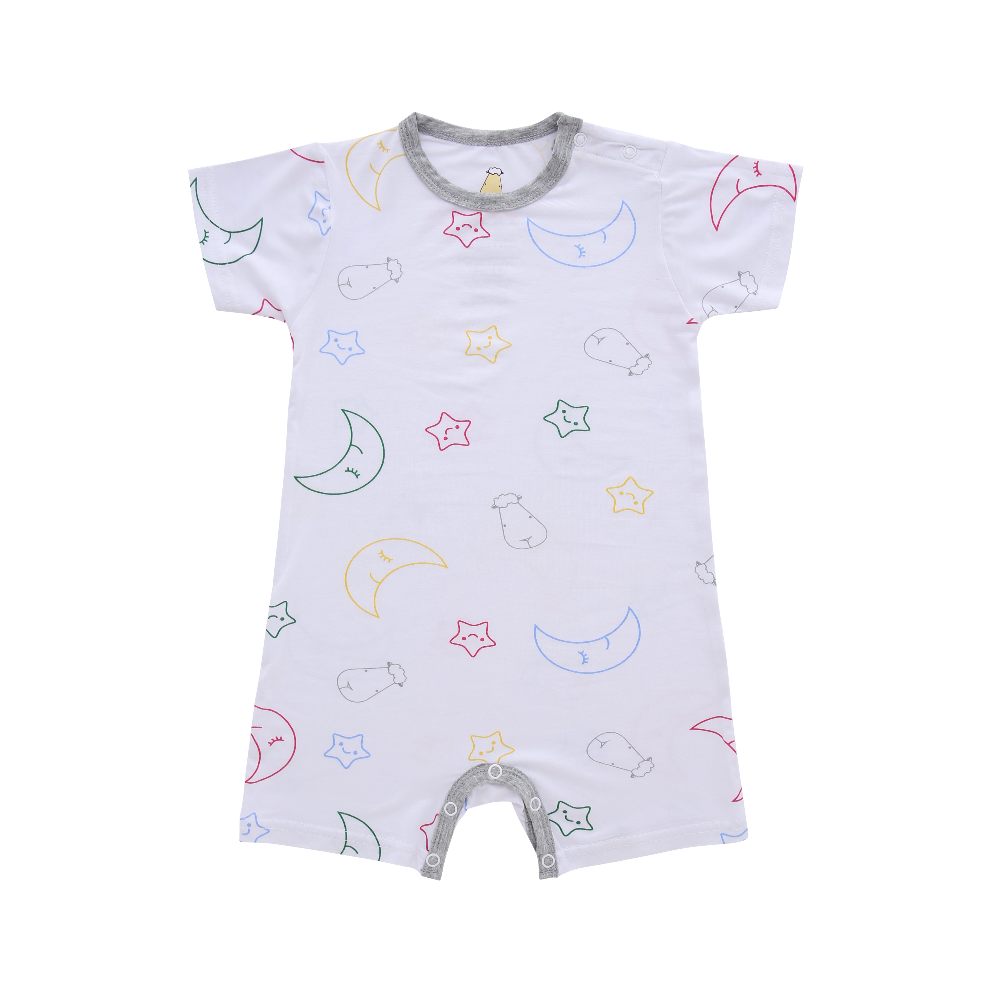 Romper Short Sleeve Colourful Moon & Star White with Grey Border