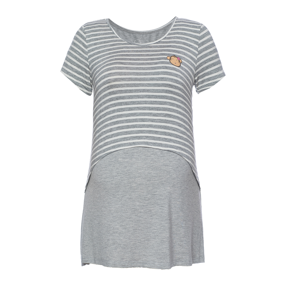 DooDooMooky Maternity & Nursing T-Shirt Small Doo Doo Mooky Face Stripe Grey & White with Grey