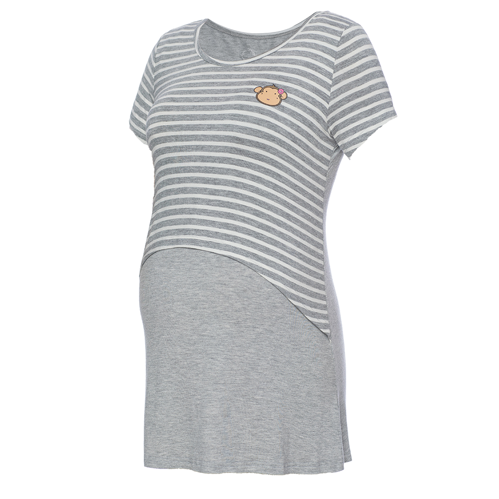 DooDooMooky Maternity & Nursing T-Shirt Small Doo Doo Mooky Face Stripe Grey & White with Grey