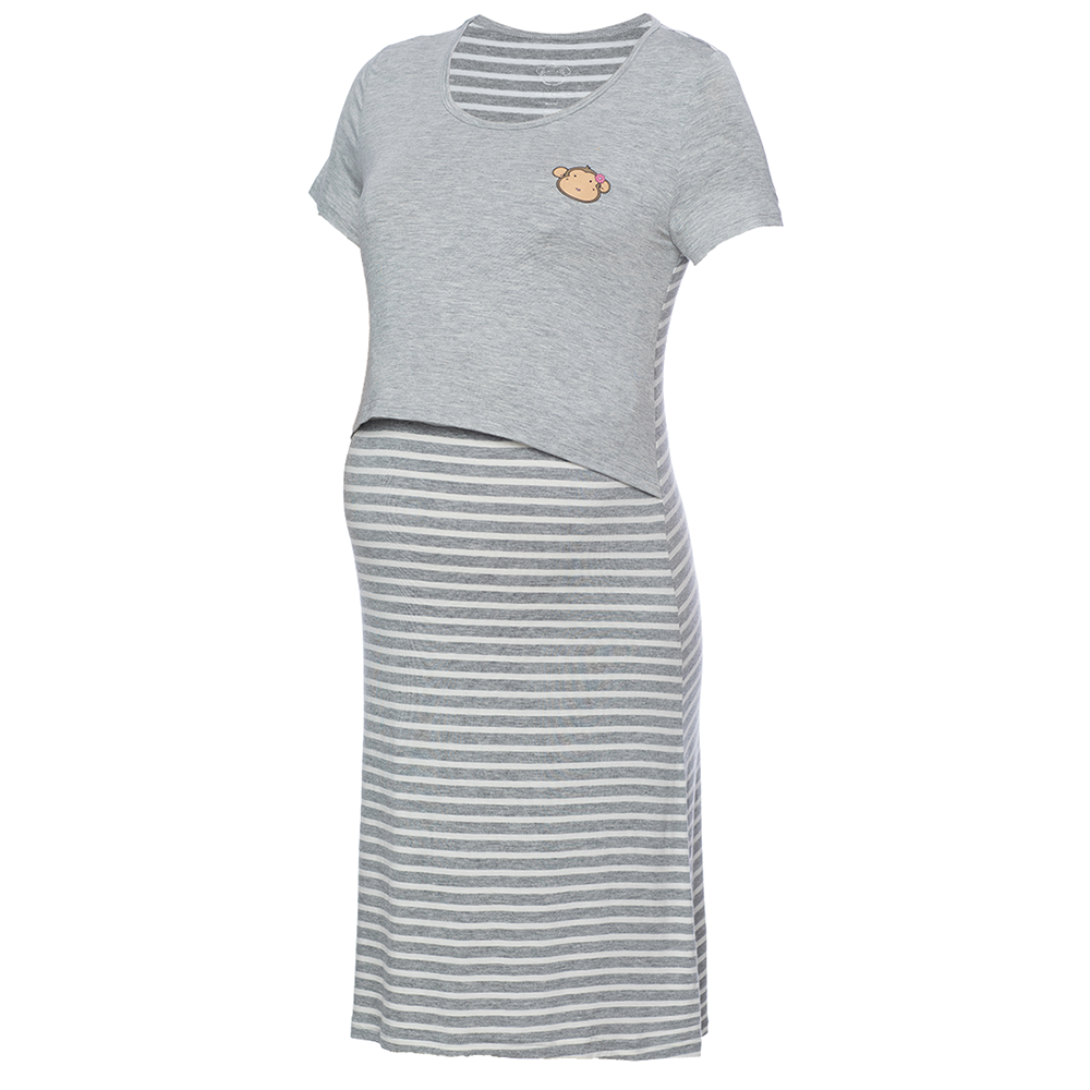 DooDooMooky Maternity & Nursing Dress Small Doo Doo Mooky Face Grey with Stripe Grey & White