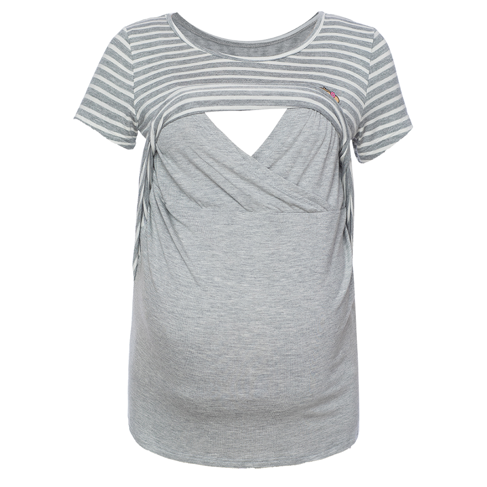 DooDooMooky Maternity & Nursing T-Shirt Small Doo Doo Mooky Face Stripe Grey & White with Grey