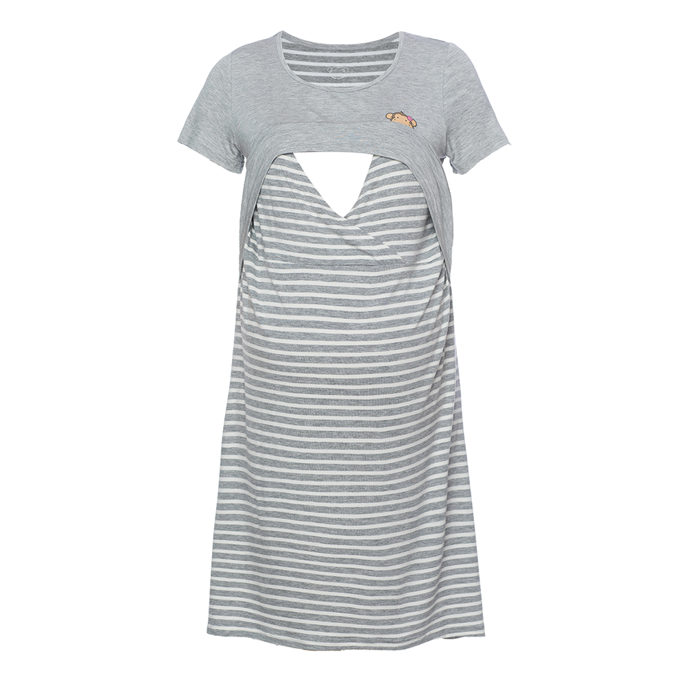 DooDooMooky Maternity & Nursing Dress Small Doo Doo Mooky Face Grey with Stripe Grey & White