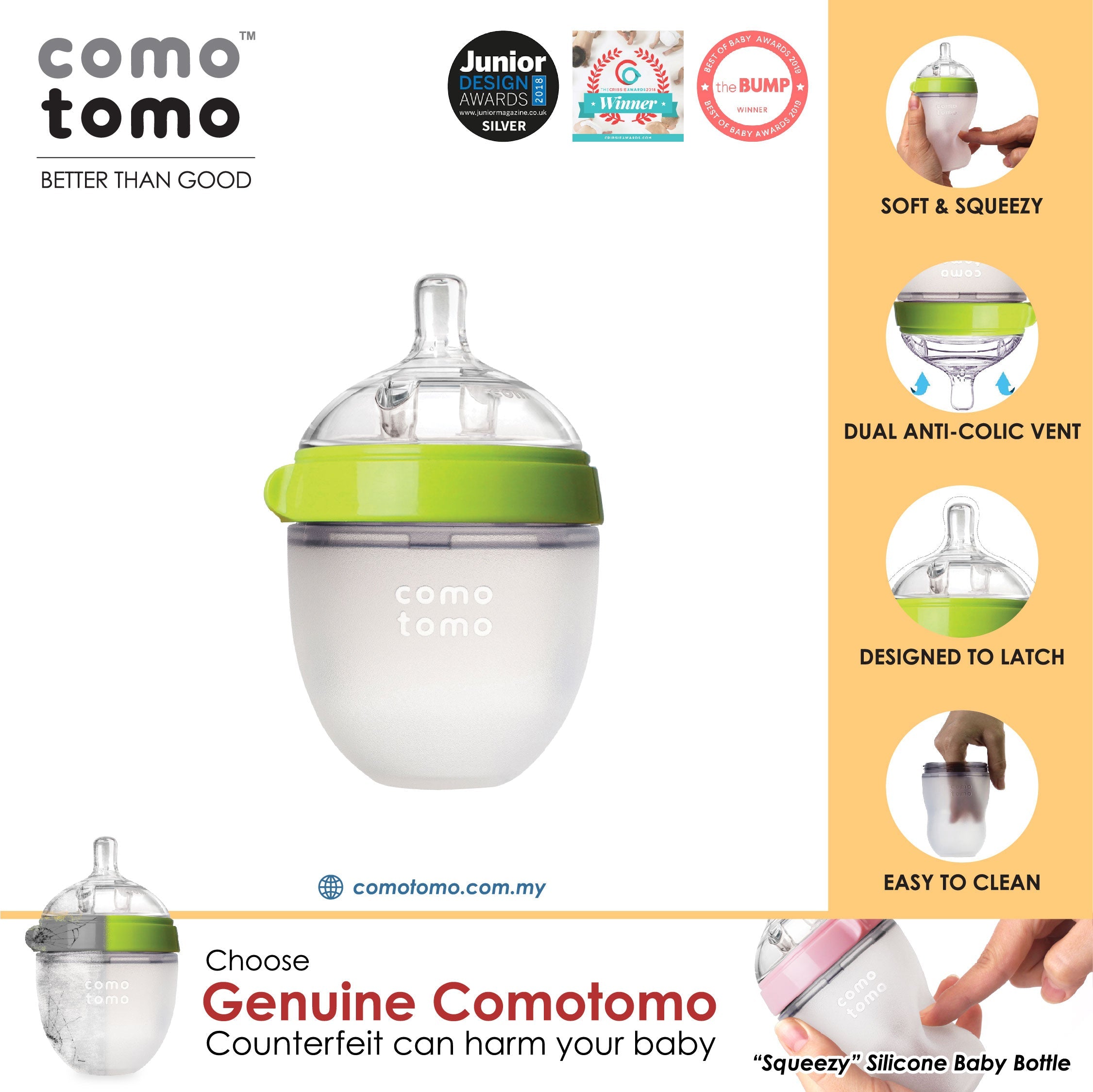 Comotomo Natural Feel Anti-Bacterial Heat Resistance Silicon Baby Bottle 150ml (Green)