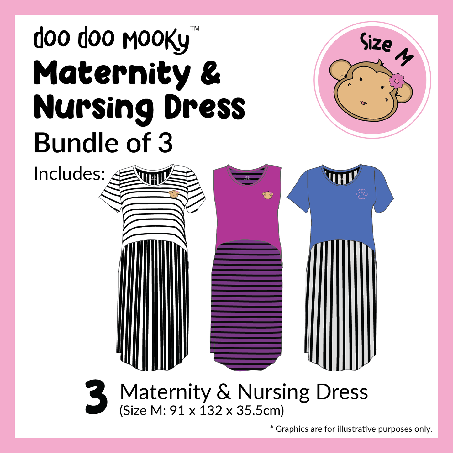 DooDooMooky Maternity & Nursing Dress Bundle of 3 (Size M)