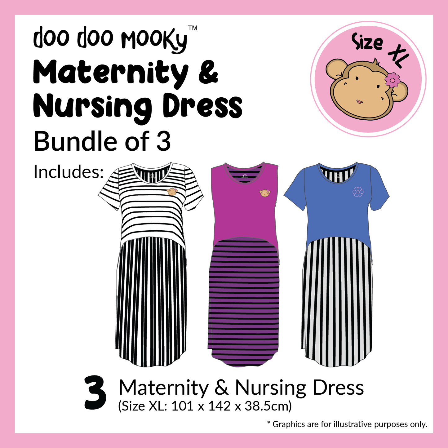 DooDooMooky Maternity & Nursing Dress Bundle of 3 (Size XL)