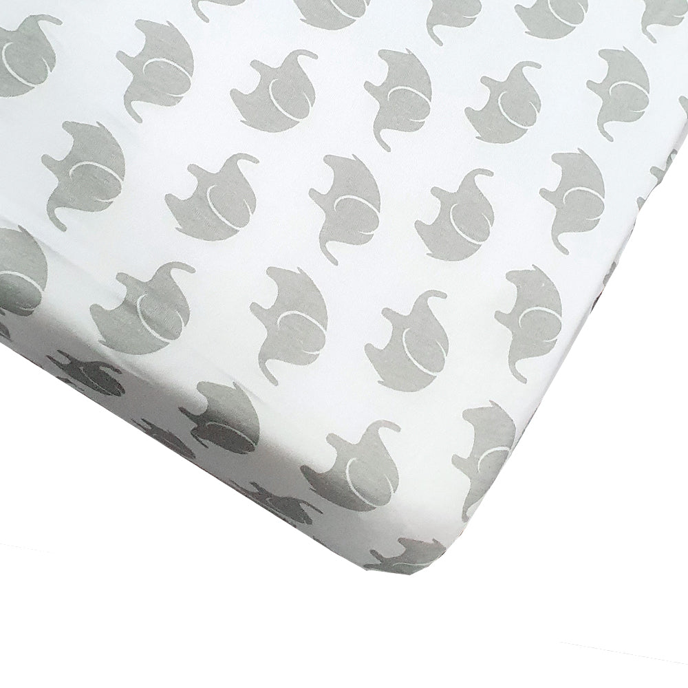 Happy Cot 100% Cotton Fitted Sheet - Grey Elephants