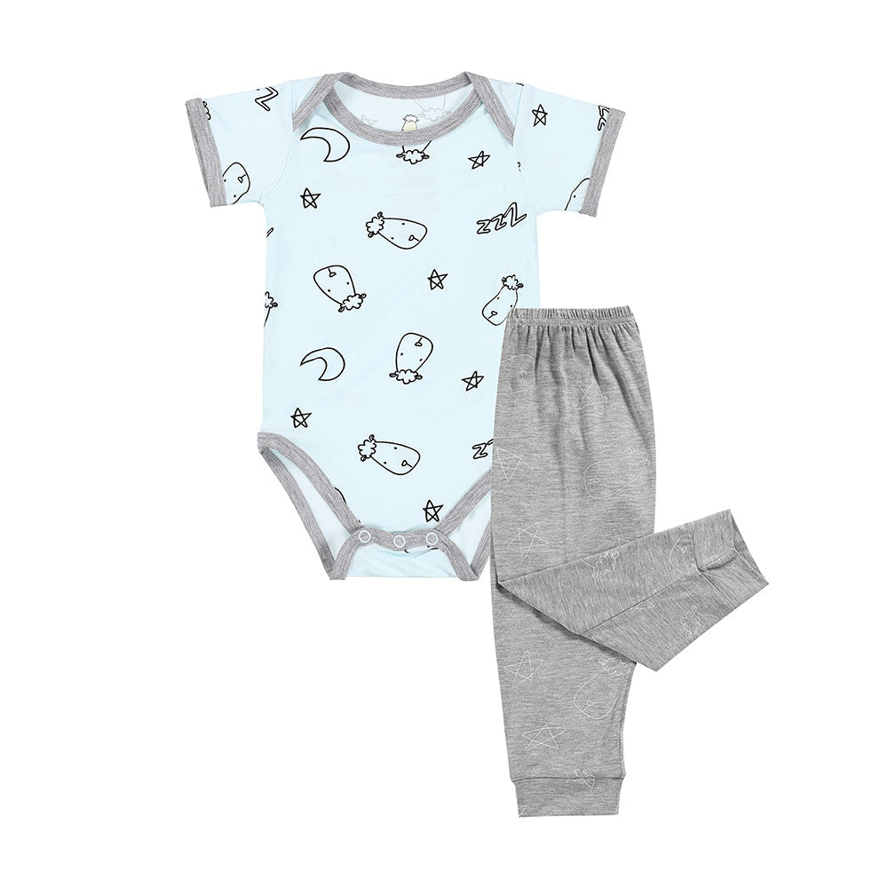 Short Sleeve Onesie Sweet Dreams Baa Baa Blue + Pant Cute Big Star & Head Grey