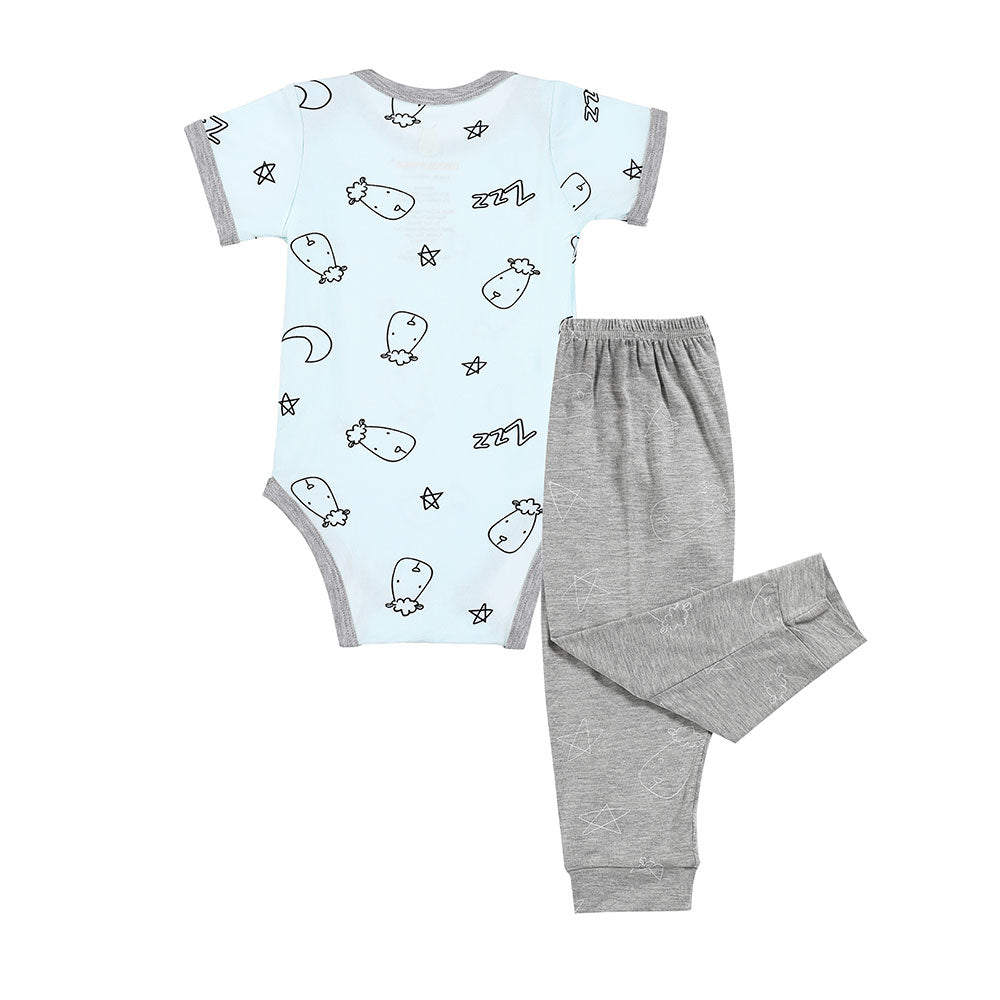 Short Sleeve Onesie Sweet Dreams Baa Baa Blue + Pant Cute Big Star & Head Grey