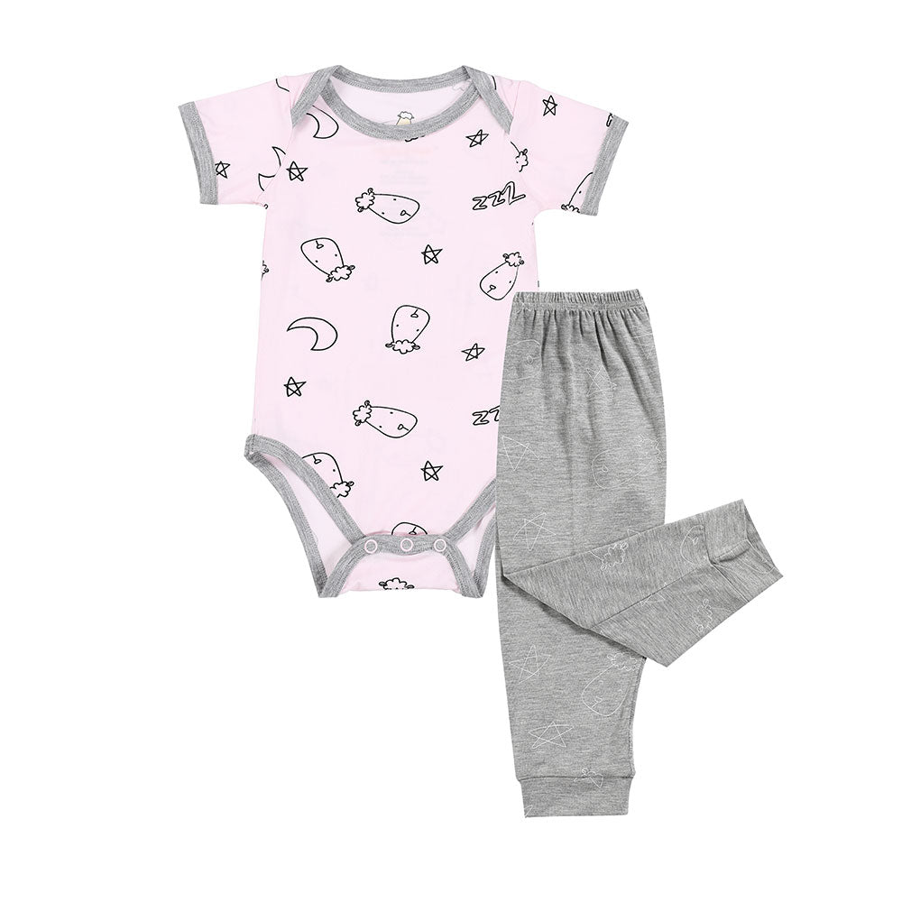 Short Sleeve Onesie Sweet Dreams Baa Baa Pink + Pant Cute Big Star & Head Grey